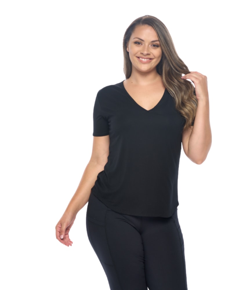 Front of a model wearing a size 4X Feminine Fit V-Neck Everyday T Shirt in Black by Undersummers. | dia_product_style_image_id:315955